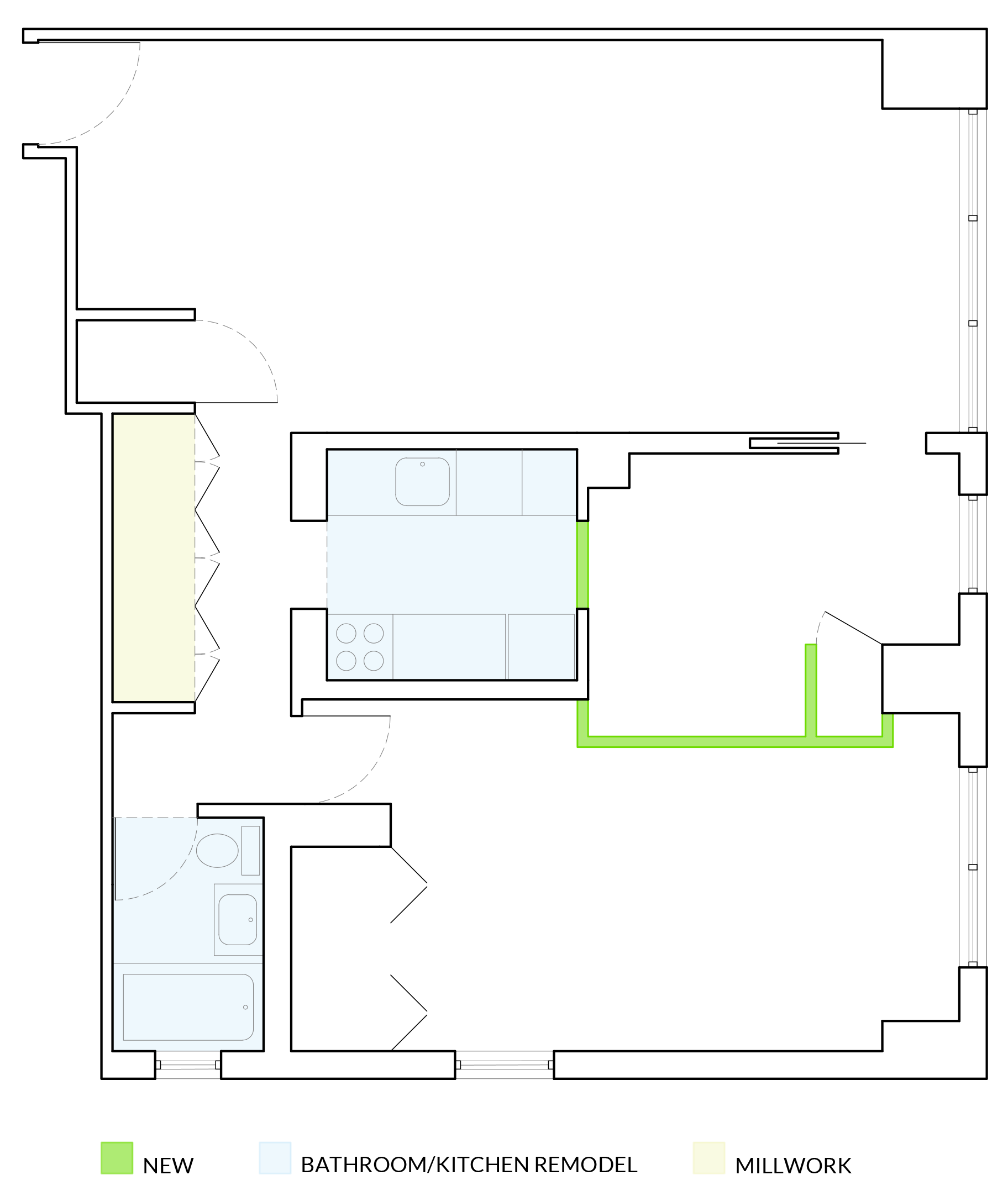 Why Hire an Architect for Your NYC Apartment Renovation Apartment floor plan showing bathroom and kitchen remodel scope with millwork areas highlighted