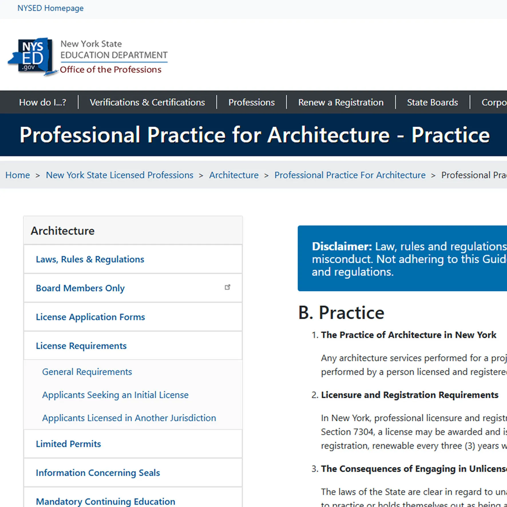 New York State Education Department Office of the Professions page on Professional Practice for Architecture