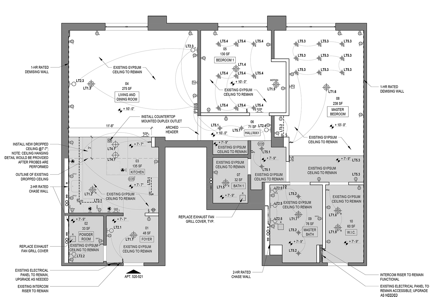 Reflected ceiling and electrical circuit plan for a NYC apartment renovation