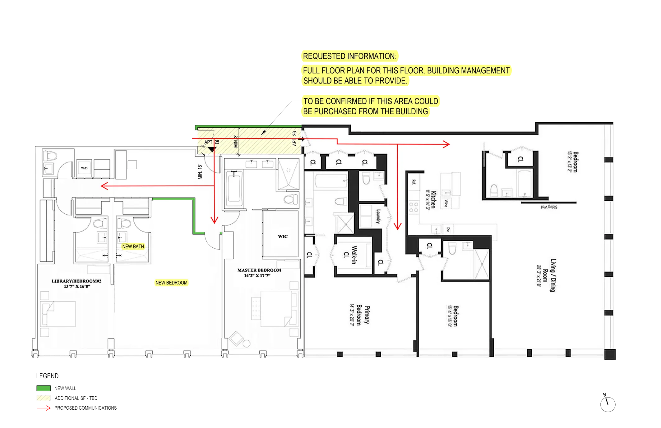Feasibility study floor plan for an apartment combination in SoHo, New York