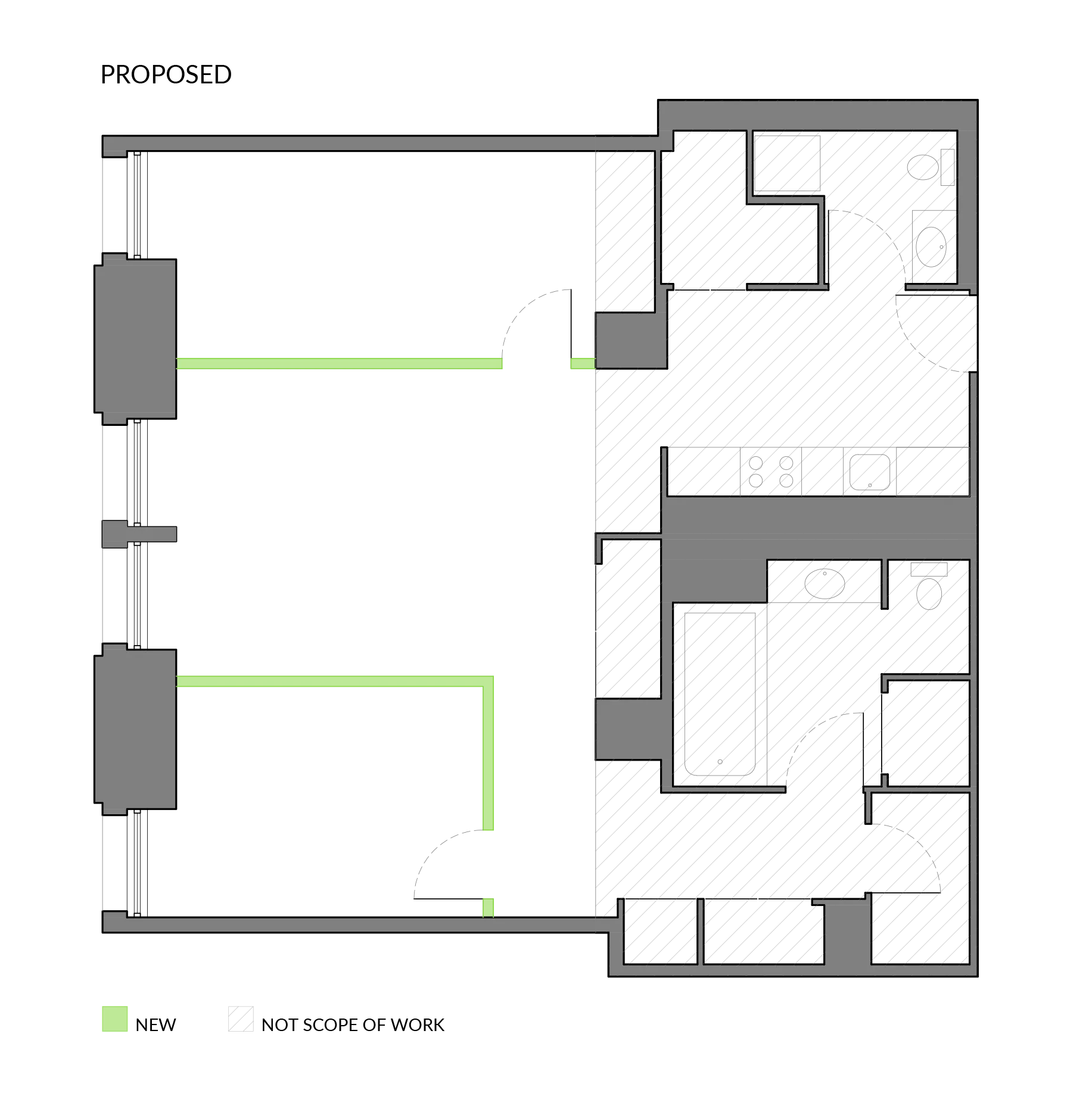Proposed NYC apartment floor plan with the new partitions shown in green