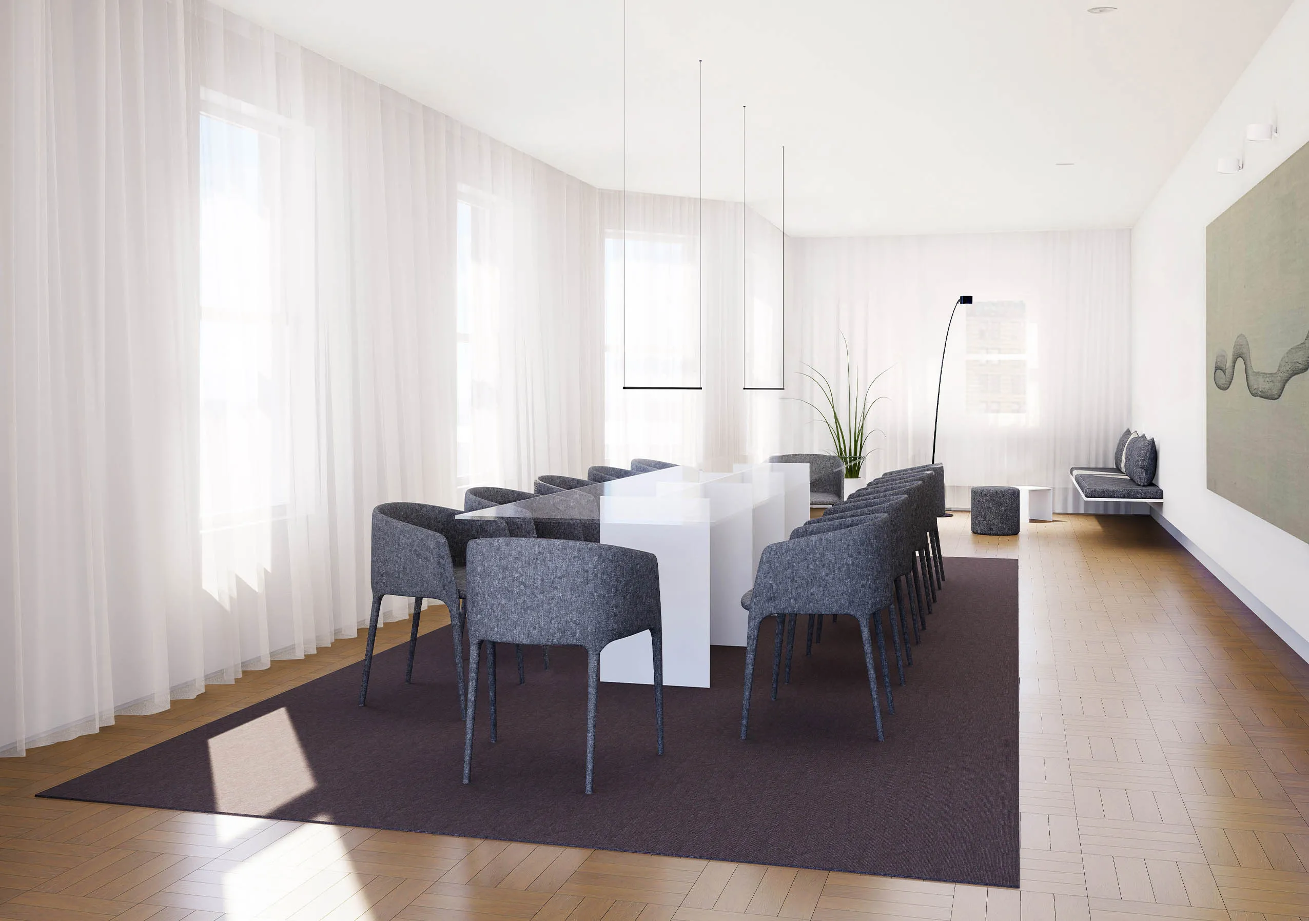 3D visualization of a dining room with a white table, grey upholstered chairs, sheer floor-to-ceiling curtains and parquet flooring