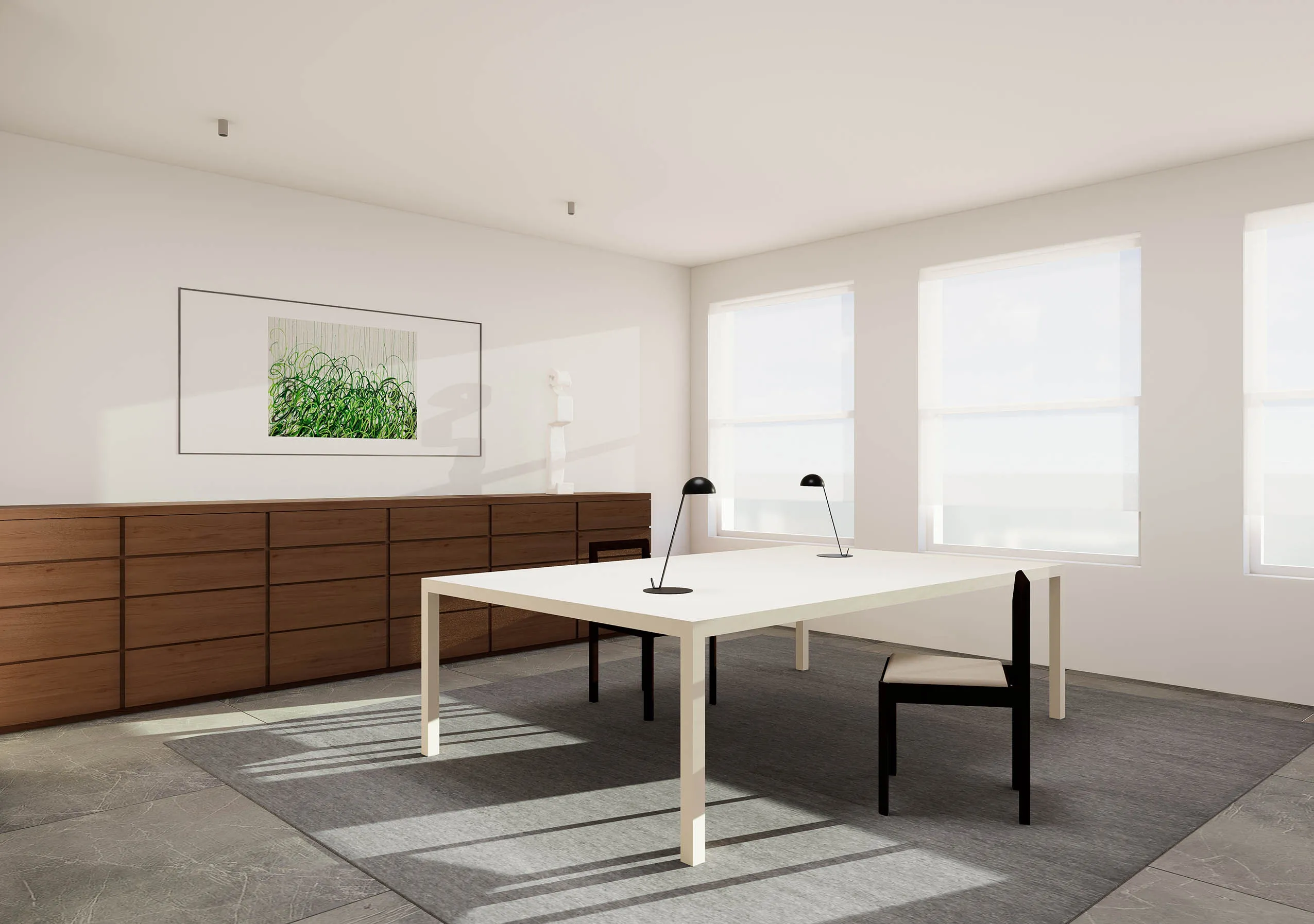 3D visualization of a home office with a pale double desk, black task lamps, a long walnut credenza and a grey rug