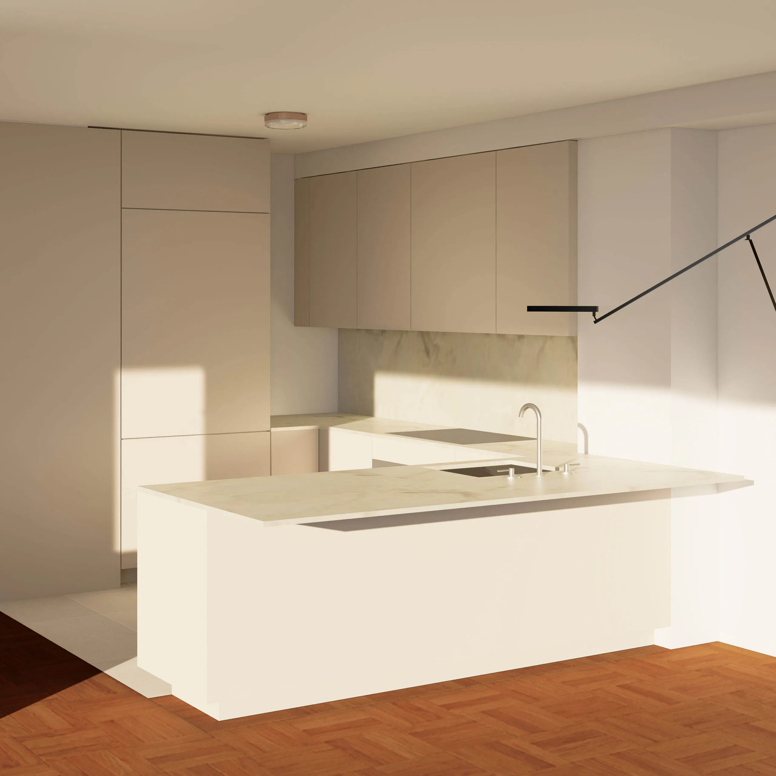 Rendering of the same kitchen with materials applied: cream cabinetry, a marble waterfall island and herringbone parquet flooring