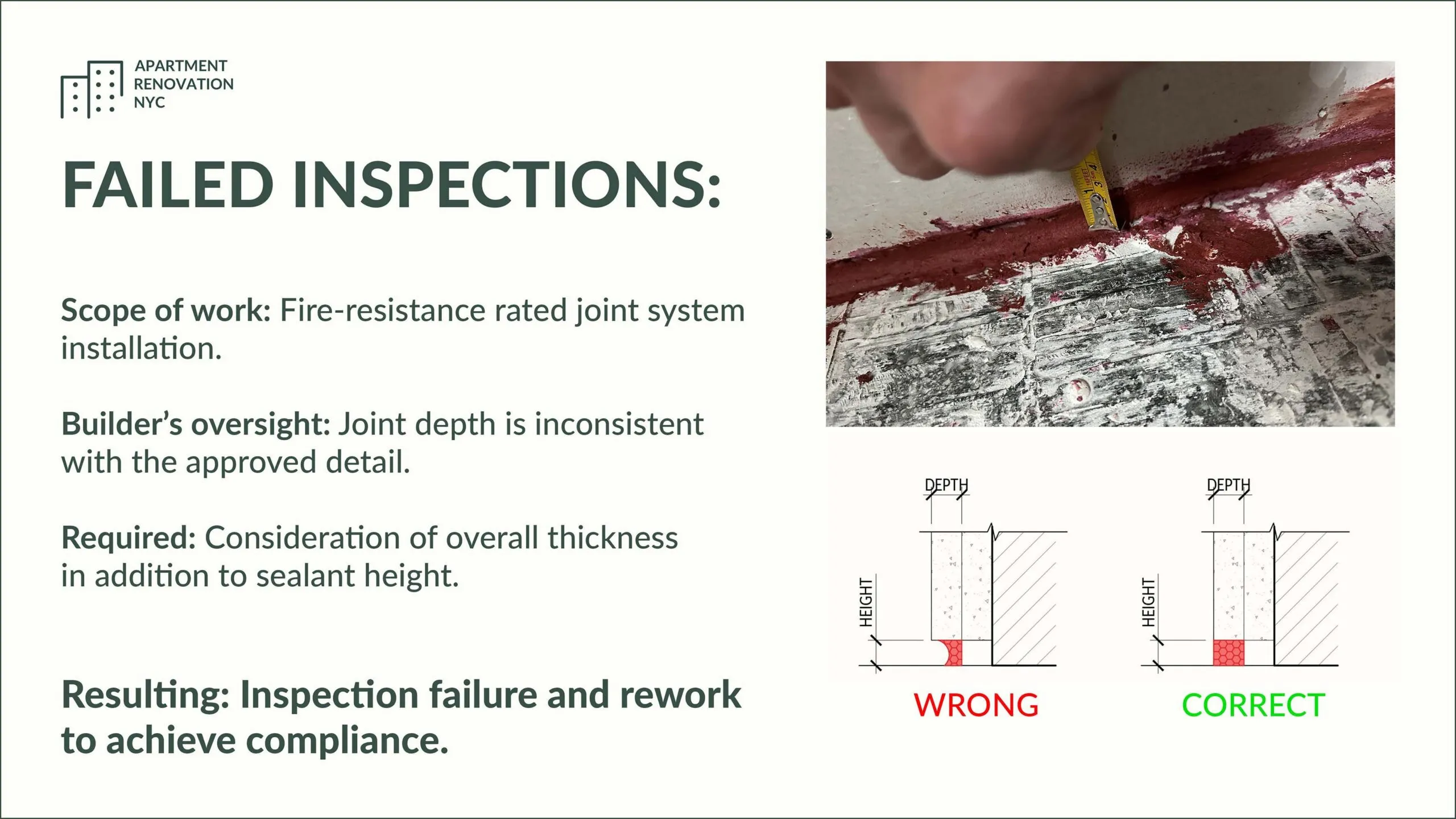 Failed inspection of a fire-resistance rated joint system: sealant joint depth inconsistent with the approved detail, shown with wrong and correct joint sections