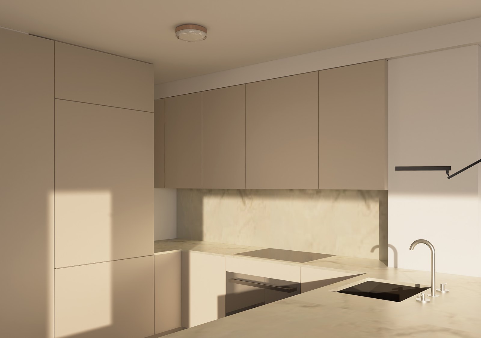 3D visualization of a kitchen remodel near Gramercy Park, Manhattan, with handleless cabinets in a warm neutral finish, a stone backsplash and designer fixtures