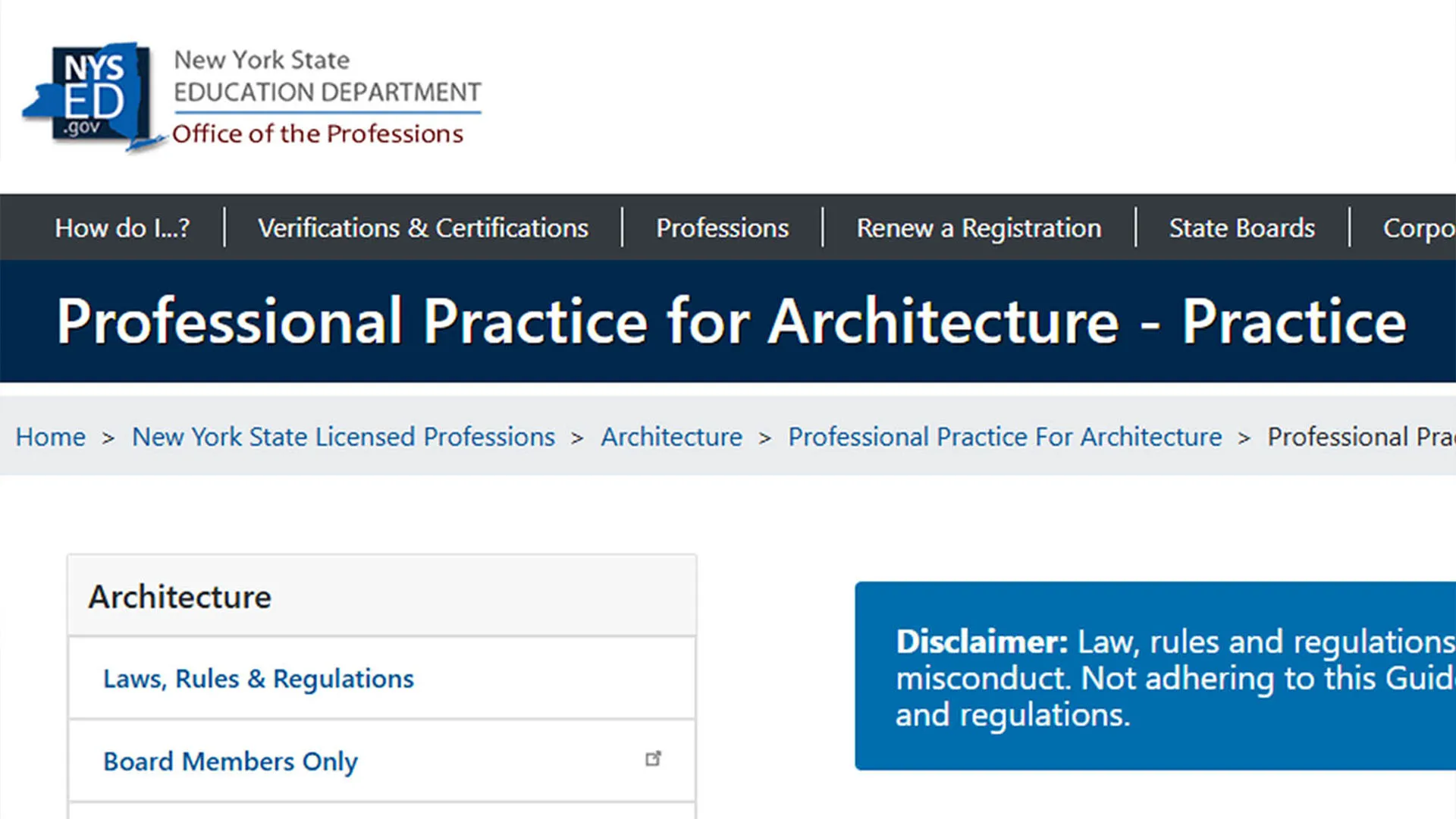 New York State Education Department professional practice for architecture page