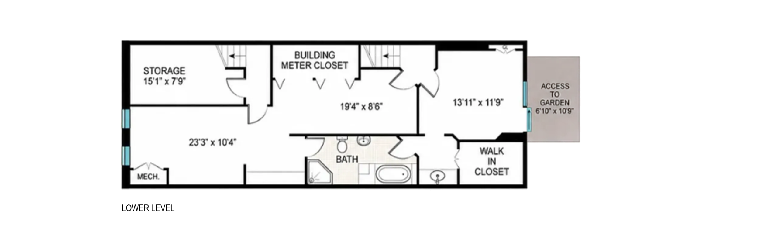 Existing lower level floor plan of the Chelsea townhouse duplex, with storage, a building meter closet and a bath