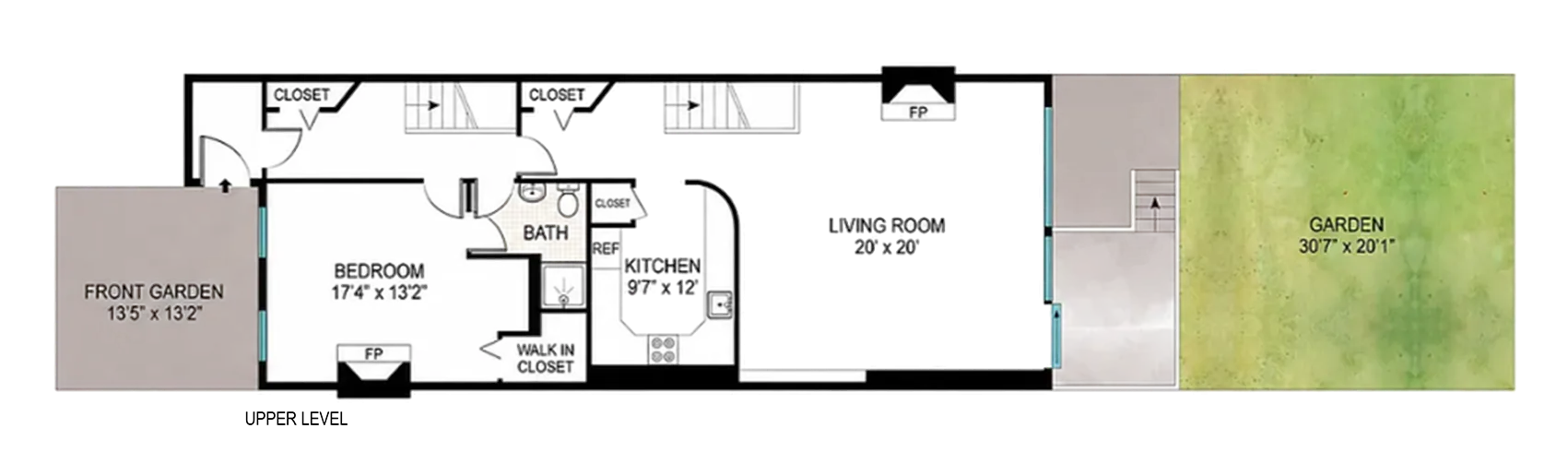 Existing upper level floor plan of a Chelsea townhouse duplex, with bedroom, bath, kitchen and living room facing the garden