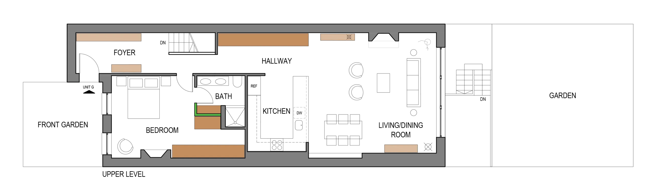 Proposed upper level floor plan layout for the Chelsea duplex, with a new foyer, hallway, open kitchen and living/dining room