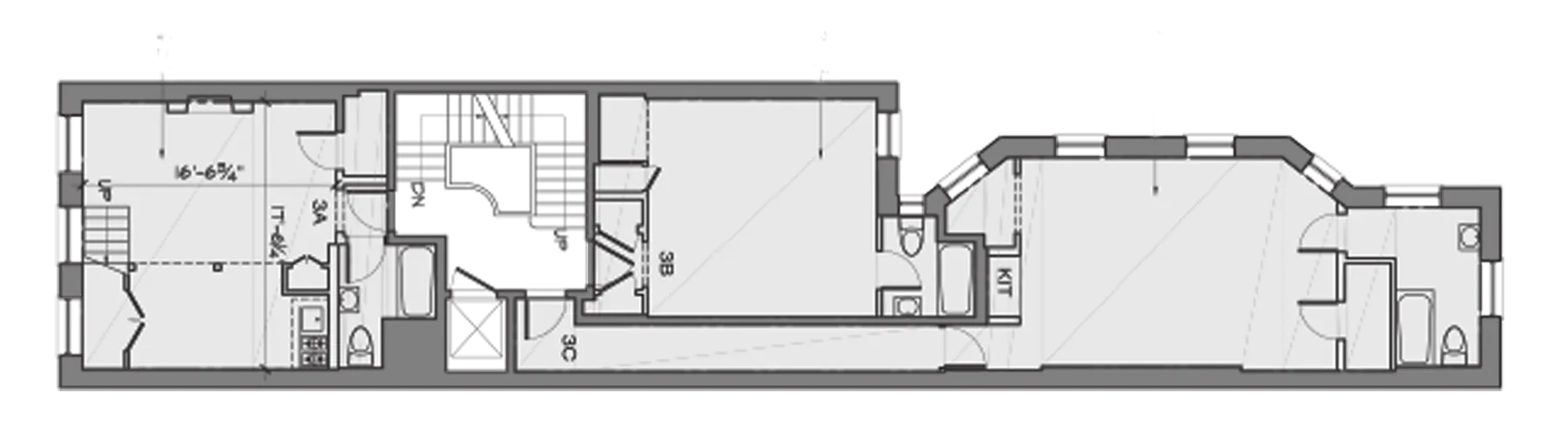 Before floor plan of an Upper East Side townhouse floor, the existing layout ahead of the renovation