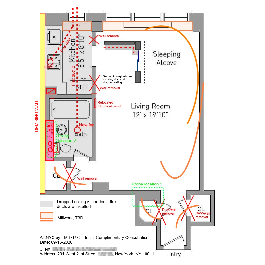 Architect's floor plan feasibility study for a Chelsea studio apartment, marking wall removals, a relocated electrical panel and new duct routes