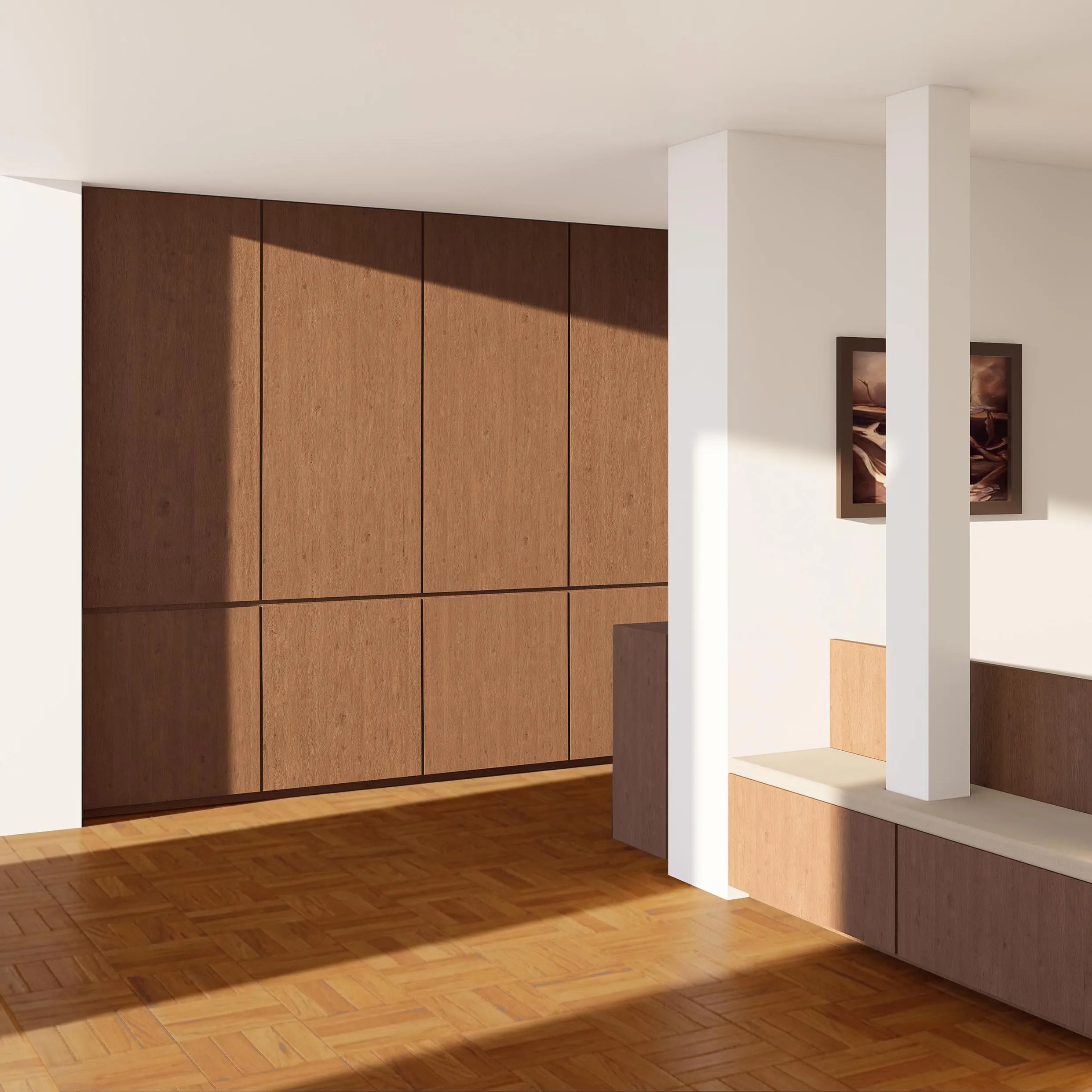 Floor-to-ceiling oak storage wall and a built-in window bench in a sunlit apartment room with herringbone parquet flooring