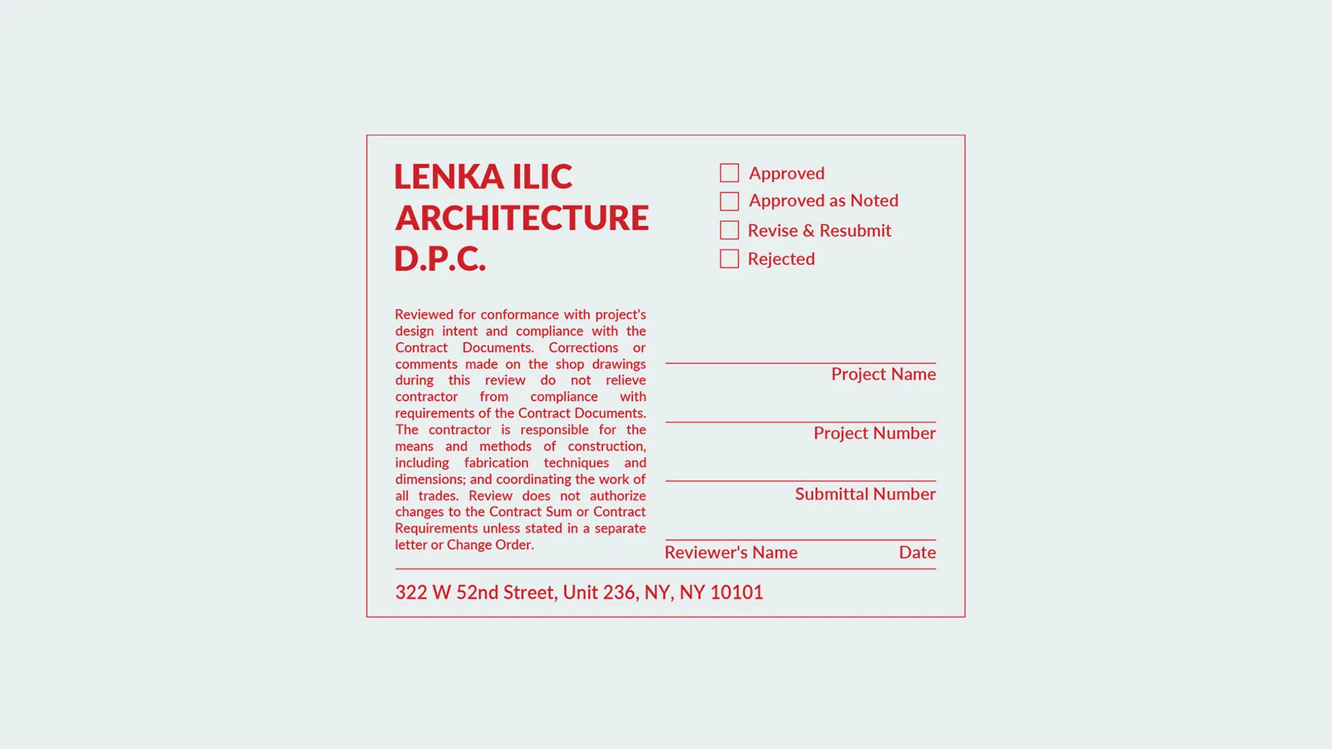 Architect's shop drawing review stamp used in construction administration