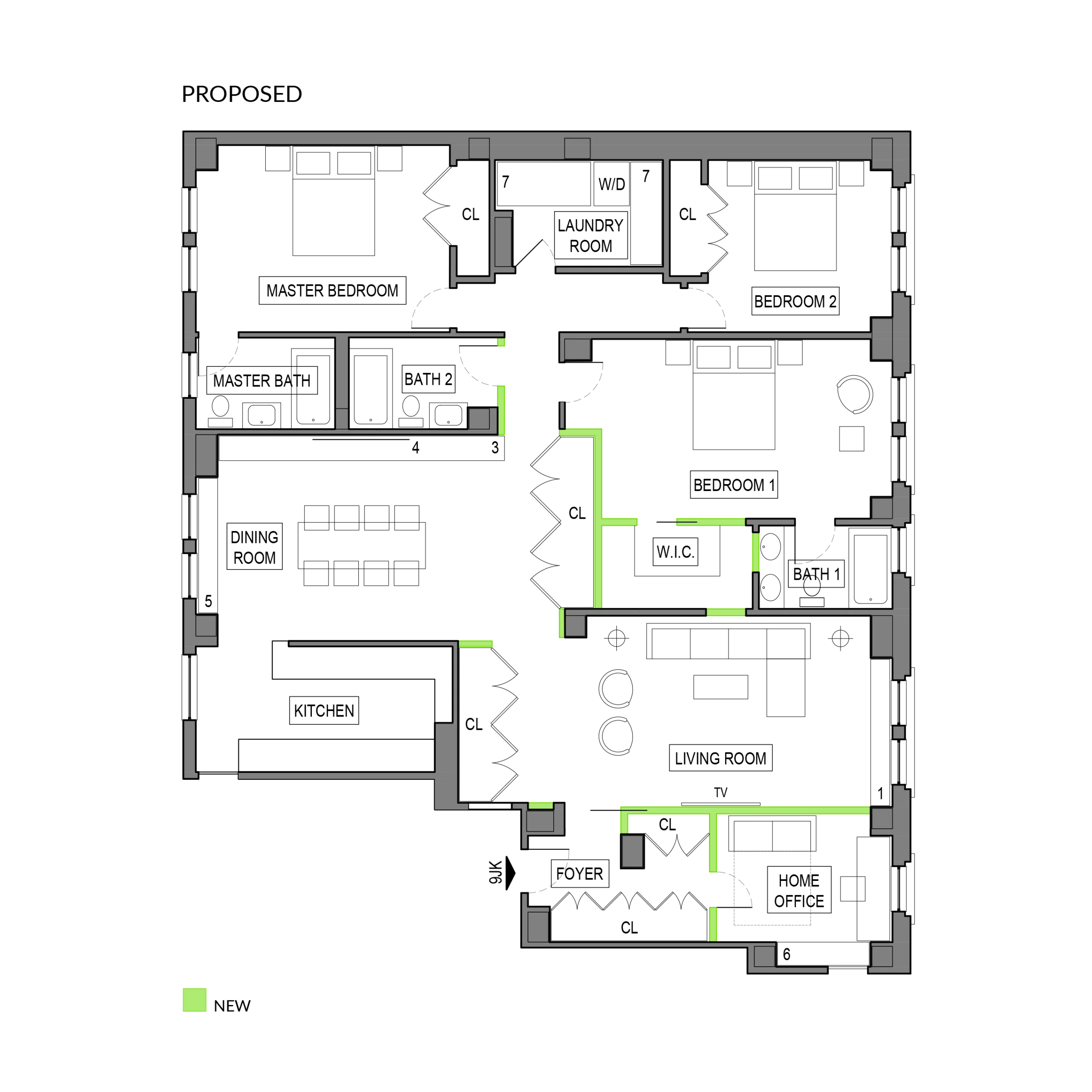Proposed combined cooperative apartment floor plan at The Westwind showing a redesigned entryway, home office, additional closets, and custom millwork for improved storage and circulation.