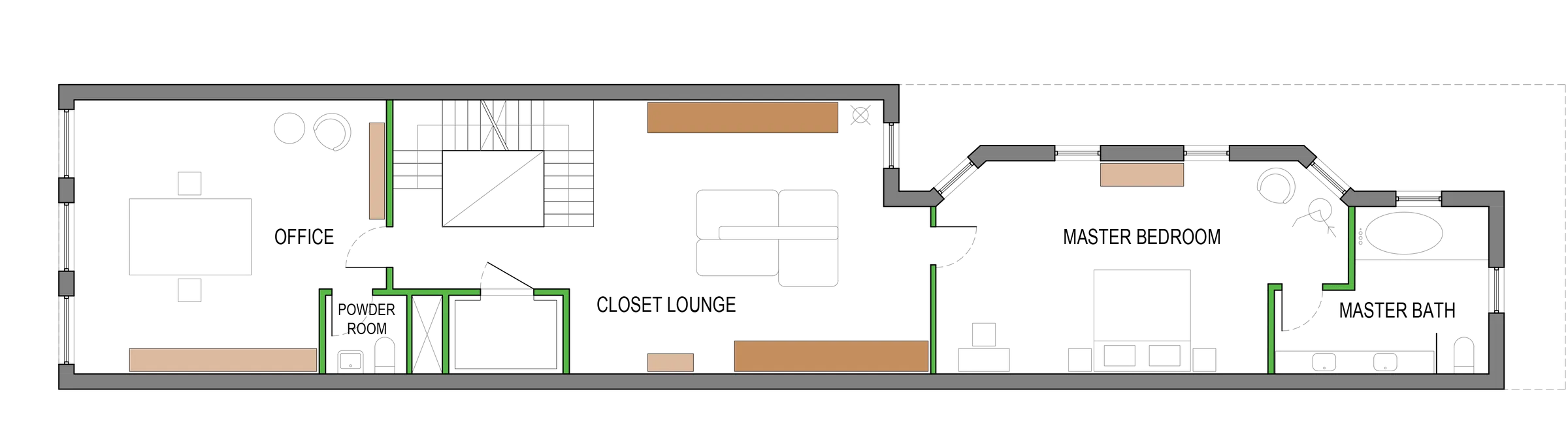 Architectural feasibility floor plan for an Upper East Side townhouse showing a home office, powder room, lounge, storage, and redesigned primary suite.