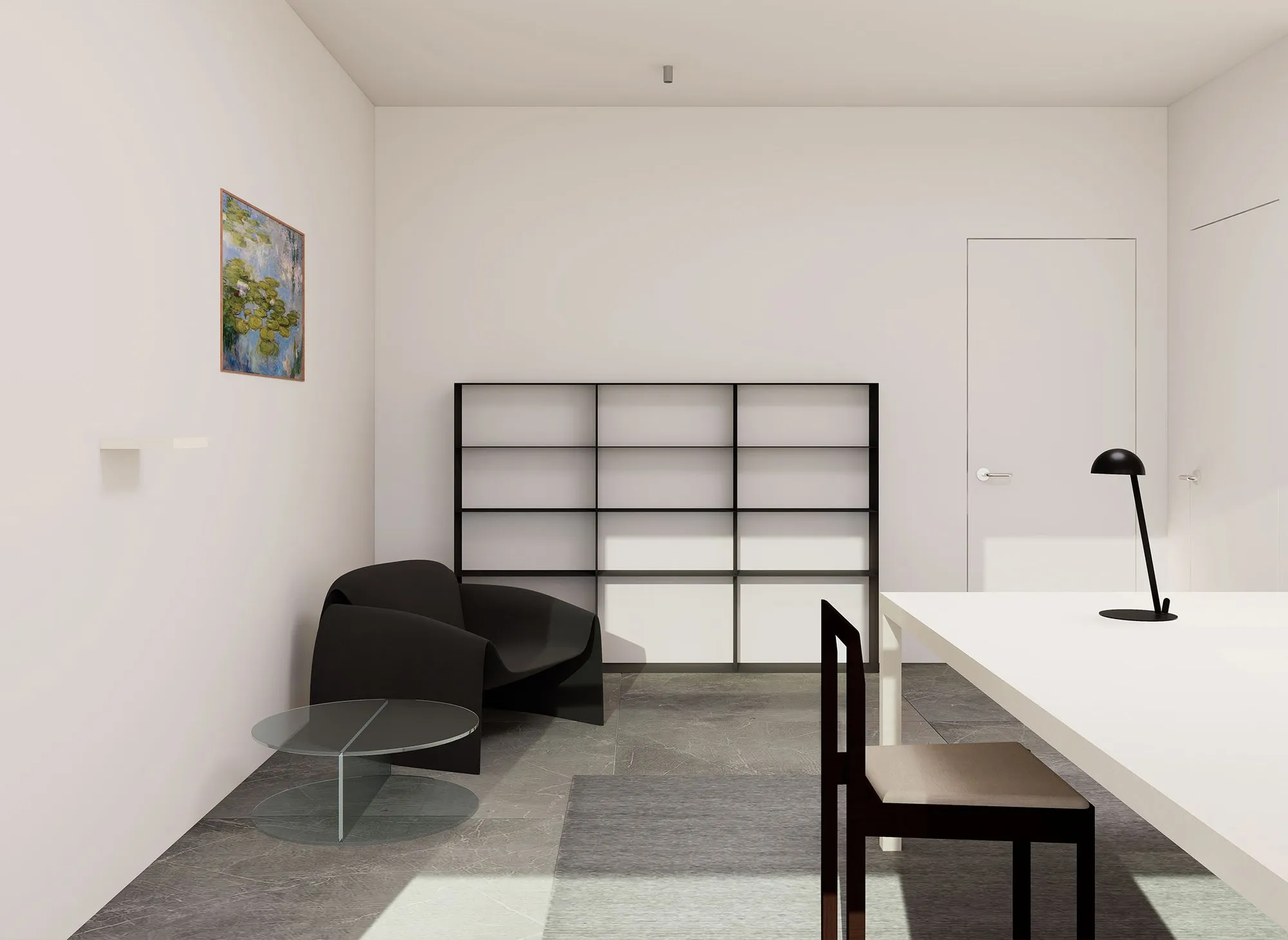 Upper East Side townhouse home office with glass furniture, custom aluminum shelving, contemporary seating, and flush-panel cabinetry.