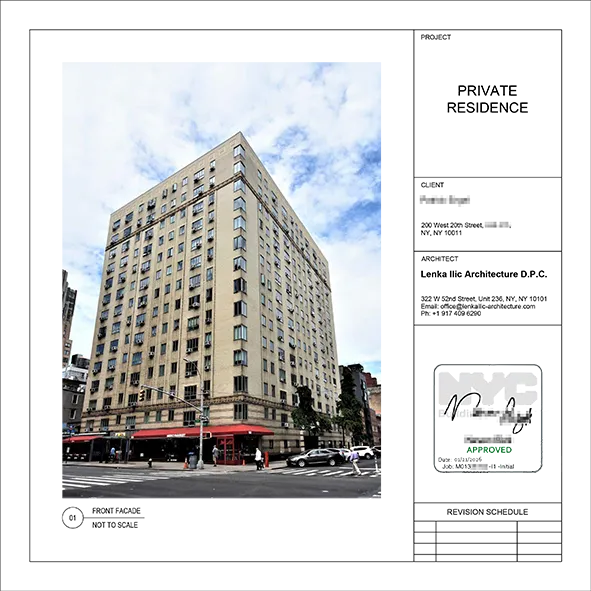 Street view of 200 West 20th Street, a postwar Chelsea co-op, in an architectural title block featuring the NYC DOB approval stamp.