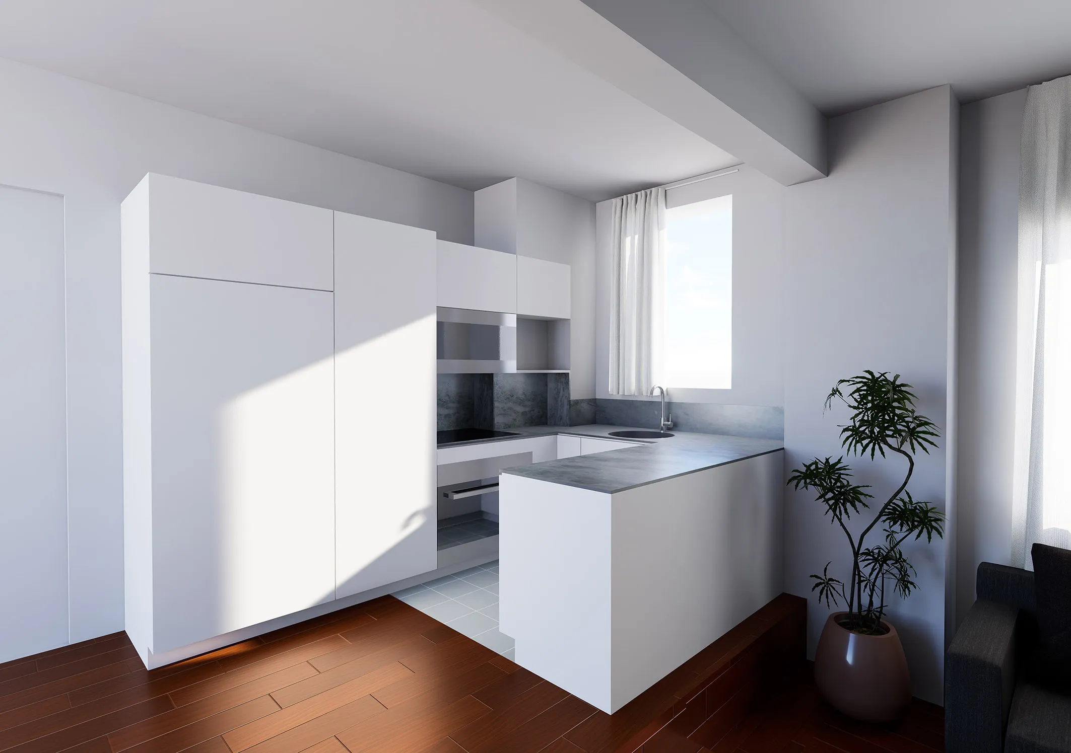 Chelsea co-op apartment kitchen midday with custom white cabinetry, jade-green marble countertops, and an opening to the living room with plant in bottom right.