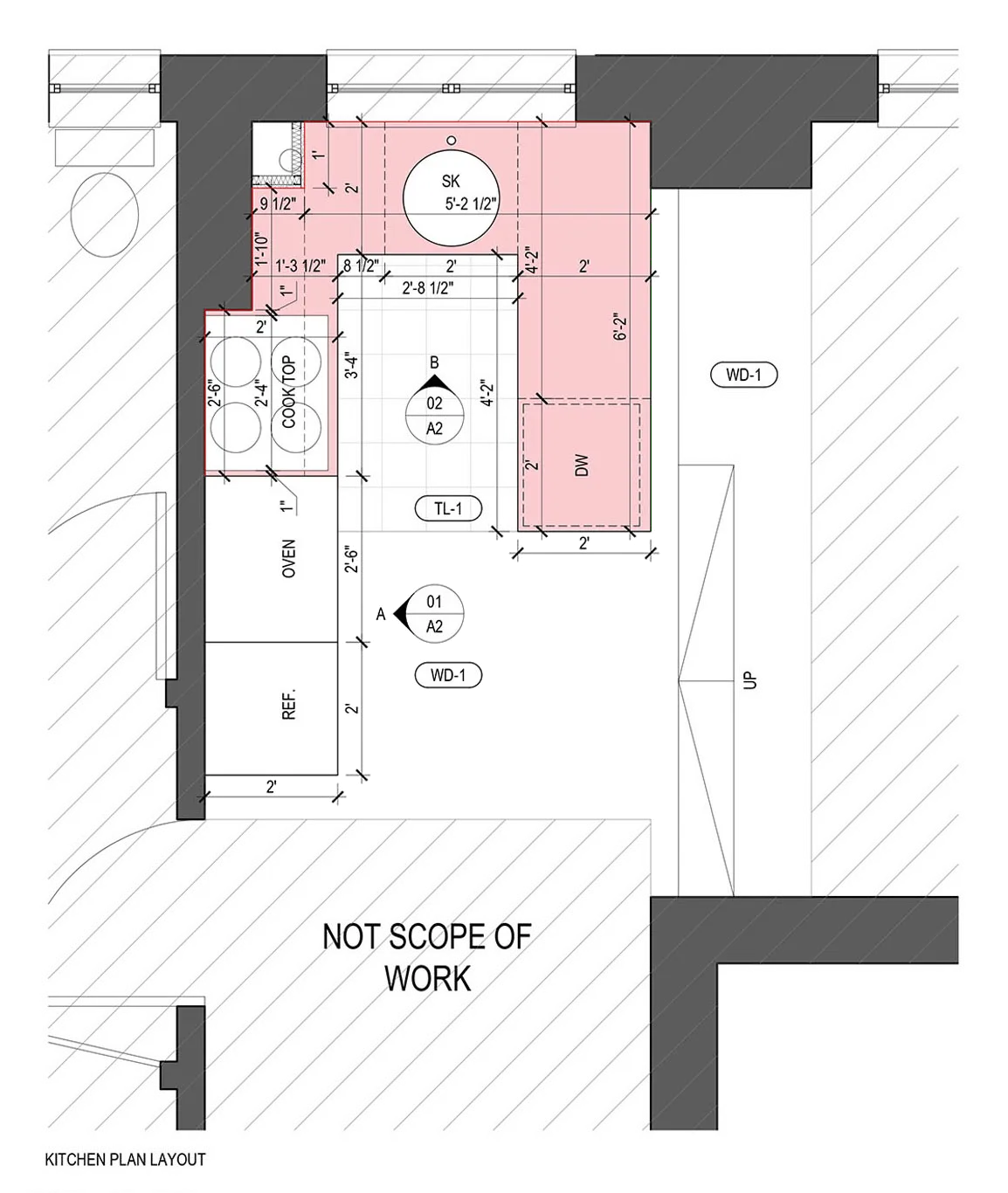 Dimensioned kitchen renovation plan for co-op at 200 West 20th Street in Chelsea, with proposed work highlighted in red.