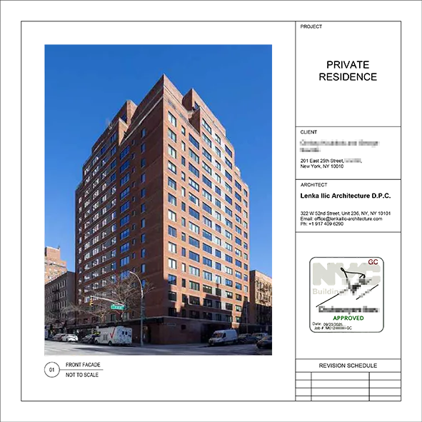 Exterior of 201 East 25th Street, a postwar cooperative apartment building in Kips Bay, Manhattan.