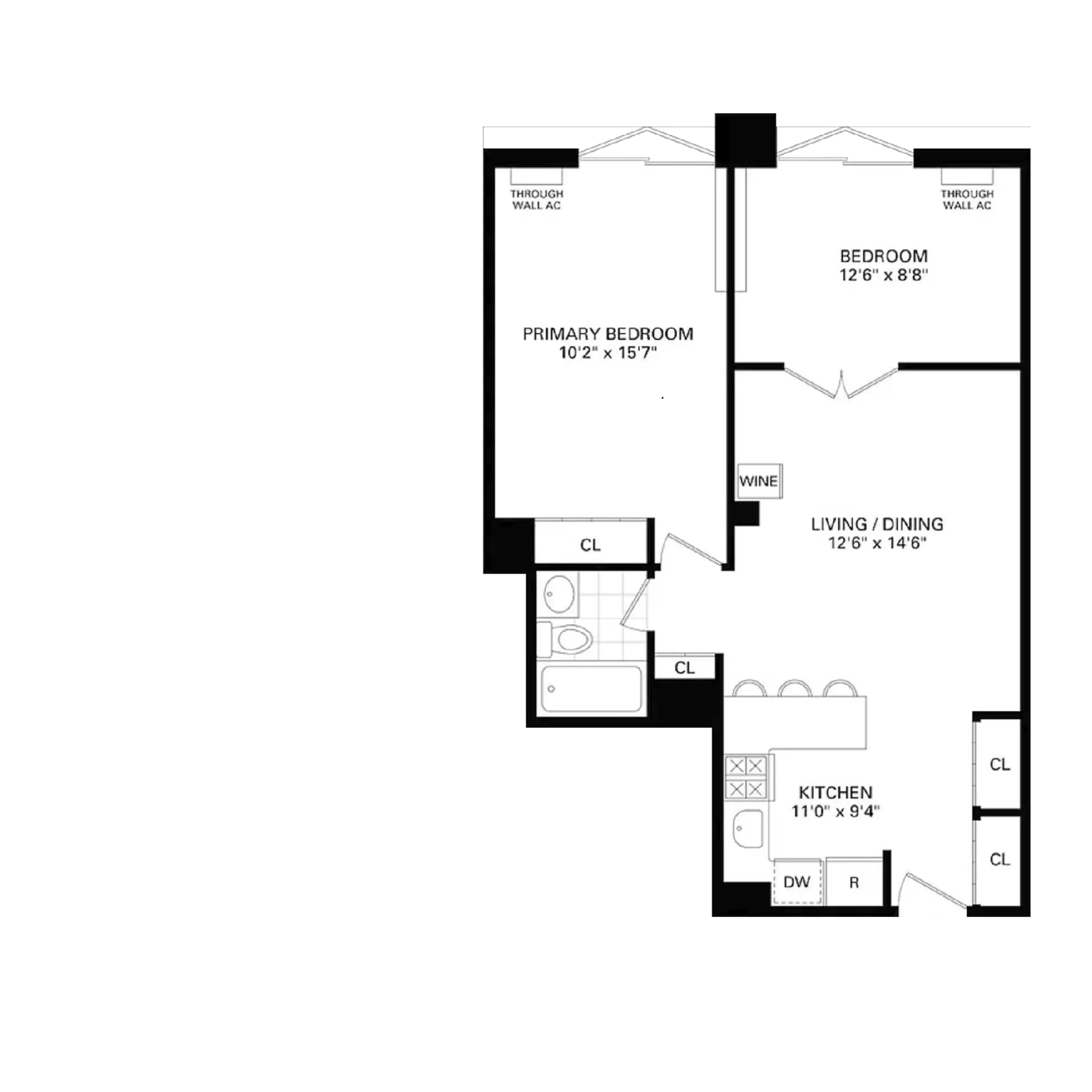 Existing two bedroom co-op apartment combination floor plan at 215 East 24th Street showing two bedrooms, one bathroom, and kitchen.