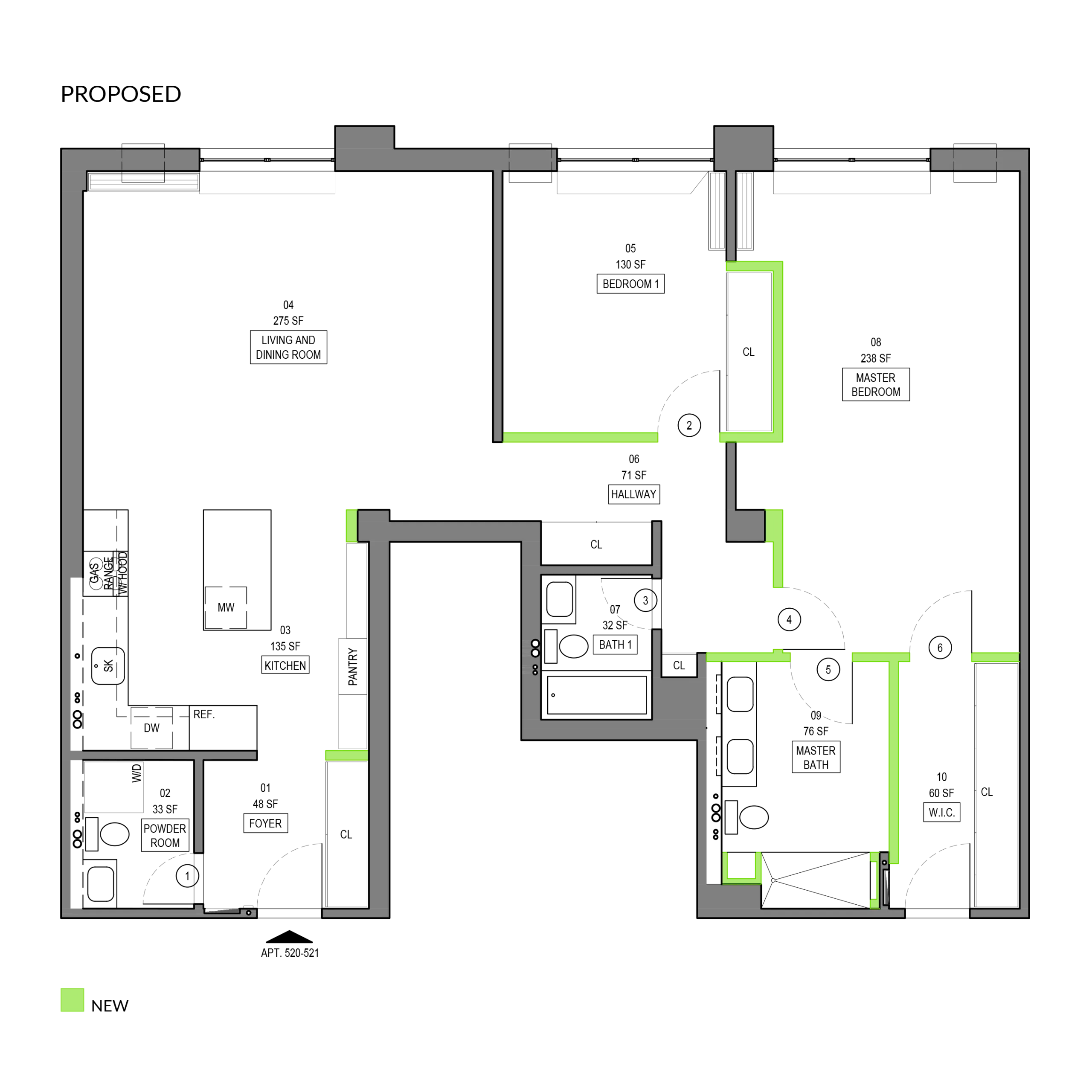 Proposed co-op apartment combination floor plan at 215 East 24th Street showing two units joined into a three-bedroom, two-and-a-half-bathroom residence with a former kitchen converted into a bathroom.