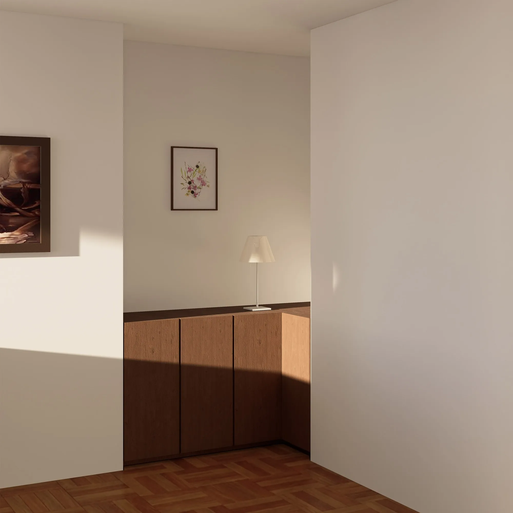 Custom warm-wood millwork and art alcove at a Gramercy apartment, with parquet floors and a Luceplan lamp beside the dining area.