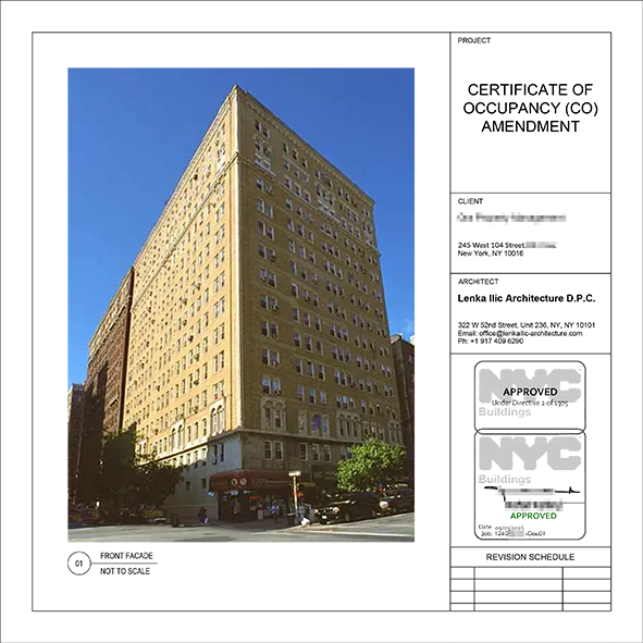 Street view of The Armstead, a prewar co-op at 245 West 104th Street, shown with an NYC DOB approval stamp on the architectural drawing.