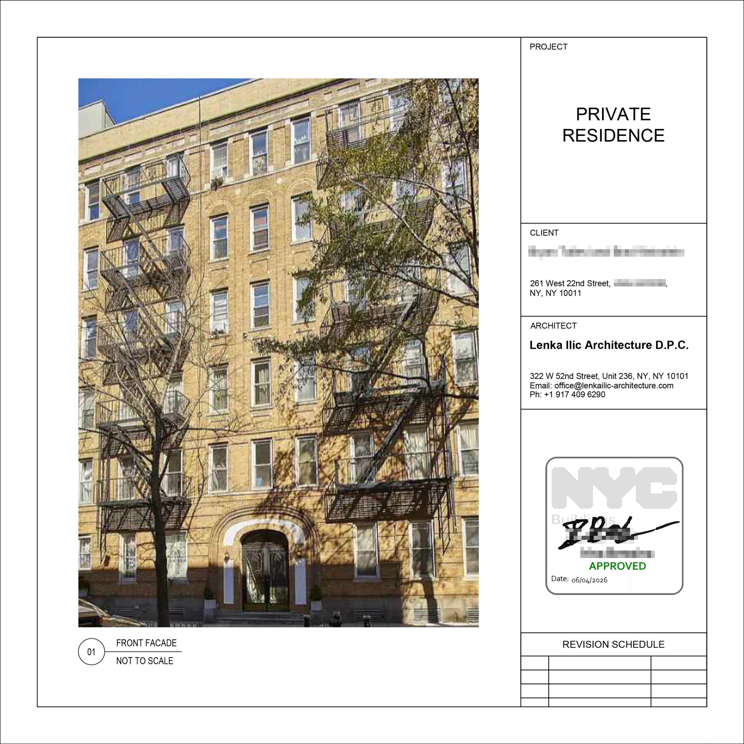 NYC DOB-approved architectural drawing with approval stamp and building facade elevation for co-op apartment combination legalization at 261 West 22nd Street in Chelsea.