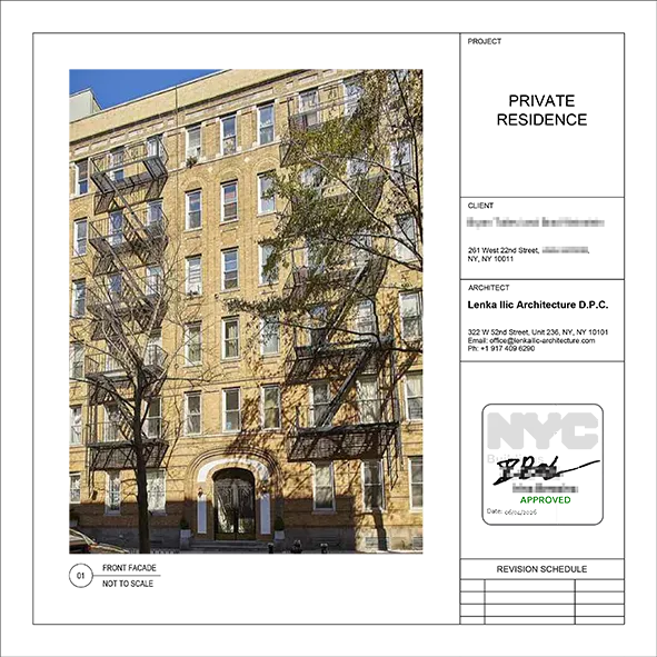 Street view of the prewar cooperative at 261 West 22nd Street in Chelsea, with an NYC DOB approval stamp on the architectural drawing.