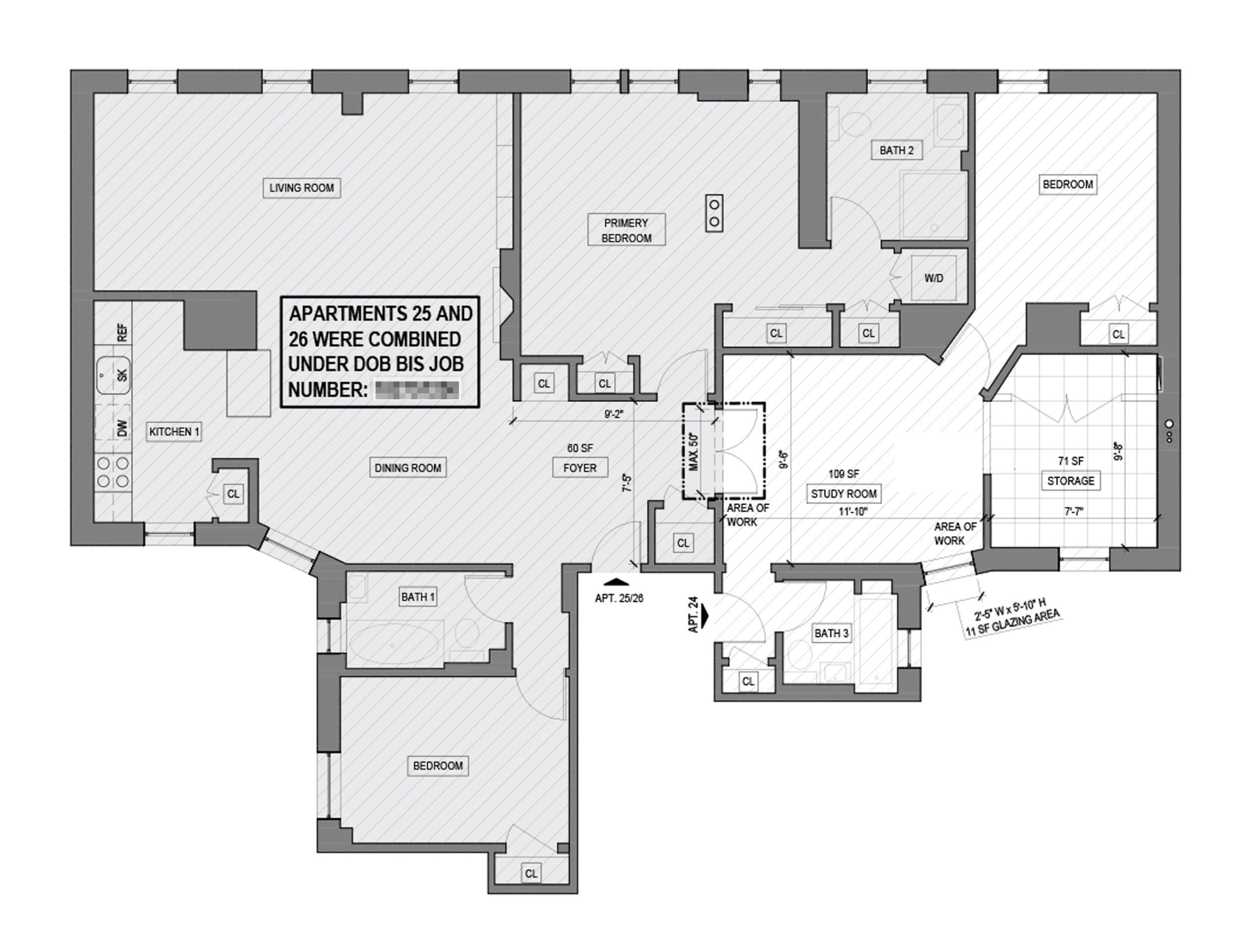 Architectural floor plan submitted to NYC DOB for legalization of three co-op apartment combinations at 261 West 22nd Street in Chelsea, showing the combined apartment configuration.