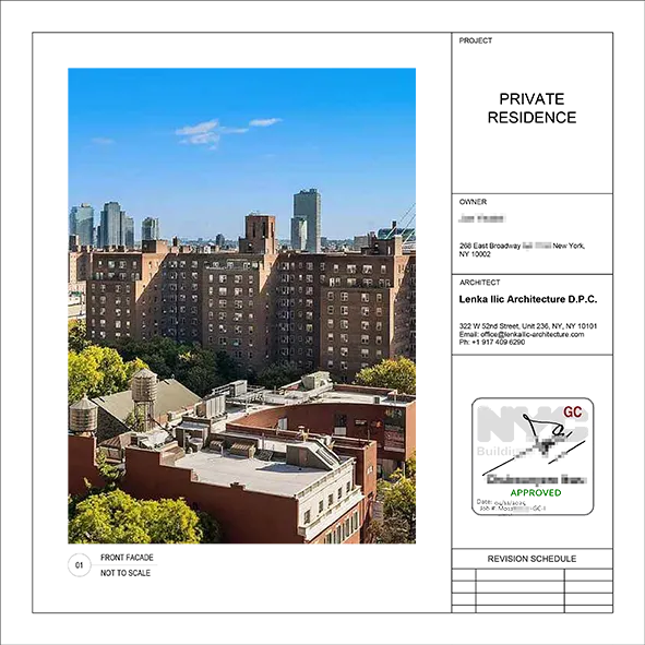 Architectural title block showing renovation services for a co-op 268 East Broadway in the Lower East Side with the firm's stamp, and a DOB approval stamp.