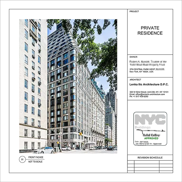 Street view of 279 Central Park West, an Upper West Side condominium, presented in an architectural title block with NYC DOB approval stamp.