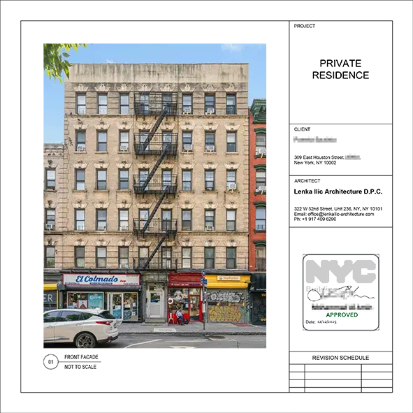 Architect's title block with NYC DOB approval stamp and facade of the prewar apartment building at 309 East Houston Street.