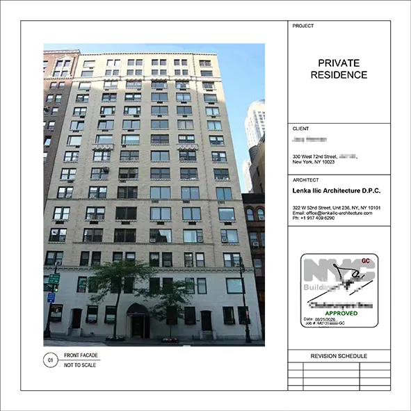 NYC DOB-approved architectural drawing title block showing the facade of the prewar co-op at 330 West 72nd Street.