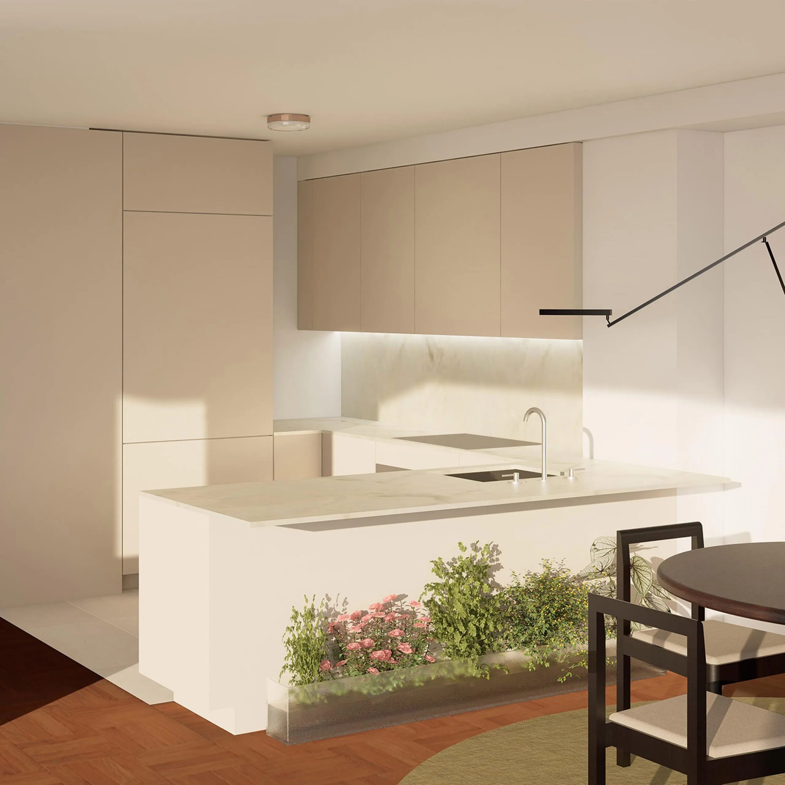 Rendering of the same kitchen with materials applied: cream cabinetry, a marble waterfall island and herringbone parquet flooring