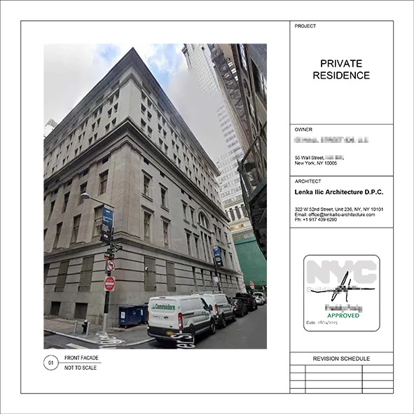 NYC DOB-approved architectural drawing title block showing the historic prewar condo, 55 Wall Street facade in Manhattan's Financial District.