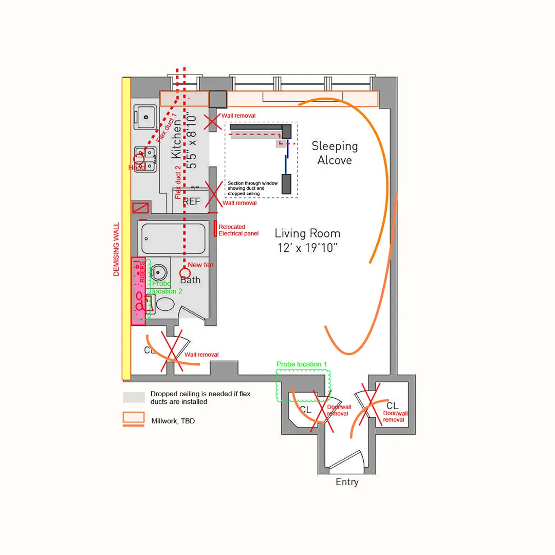 Why NYC buyers should assess apartment renovation feasibility before closing Apartment renovation feasibility floor plan sketch for a studio apartment on West 21st Street in Chelsea, marking wall removals, a sleeping alcove, kitchen and bath changes and a dropped ceiling for new ducts
