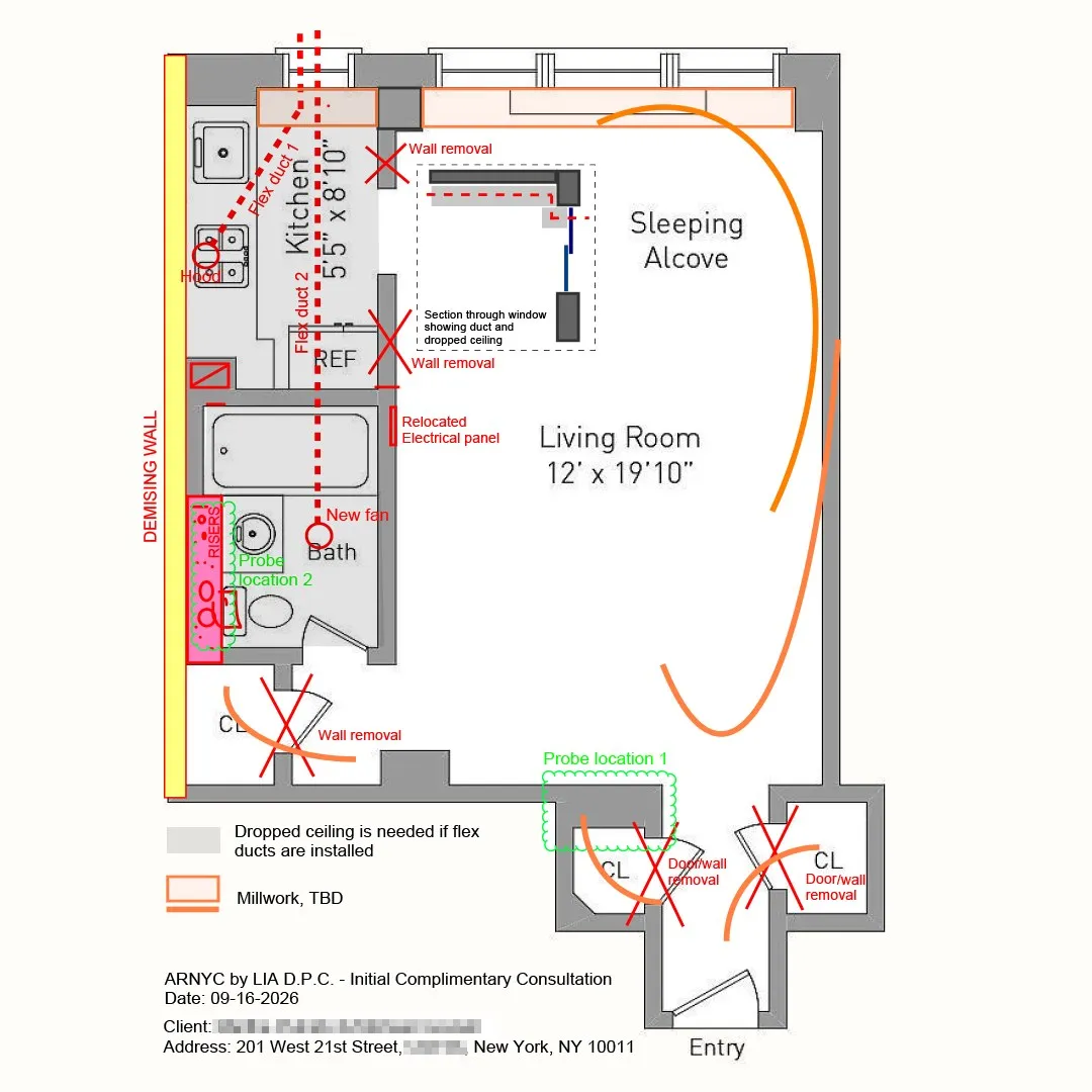 Why NYC buyers should assess apartment renovation feasibility before closing Apartment renovation feasibility floor plan sketch for a studio apartment on West 21st Street in Chelsea, marking wall removals, a sleeping alcove, kitchen and bath changes and a dropped ceiling for new ducts