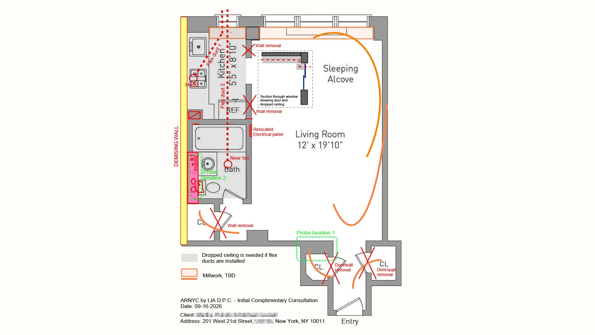 Apartment renovation feasibility floor plan sketch for a studio apartment on West 21st Street in Chelsea, marking wall removals, a sleeping alcove, kitchen and bath changes and a dropped ceiling for new ducts