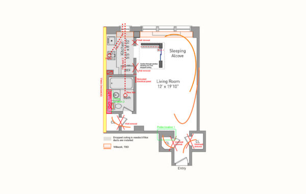 Apartment renovation feasibility floor plan sketch for a studio apartment on West 21st Street in Chelsea, marking wall removals, a sleeping alcove, kitchen and bath changes and a dropped ceiling for new ducts