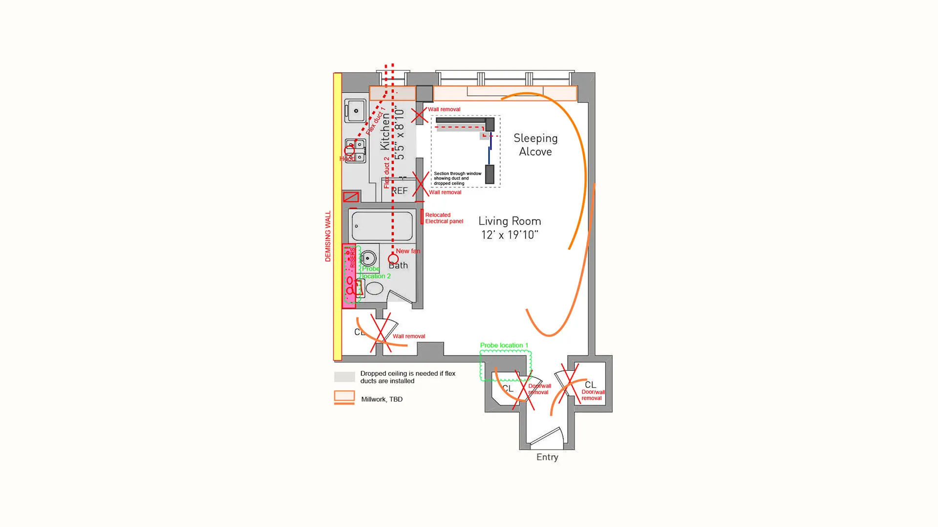 Apartment renovation feasibility floor plan sketch for a studio apartment on West 21st Street in Chelsea, marking wall removals, a sleeping alcove, kitchen and bath changes and a dropped ceiling for new ducts