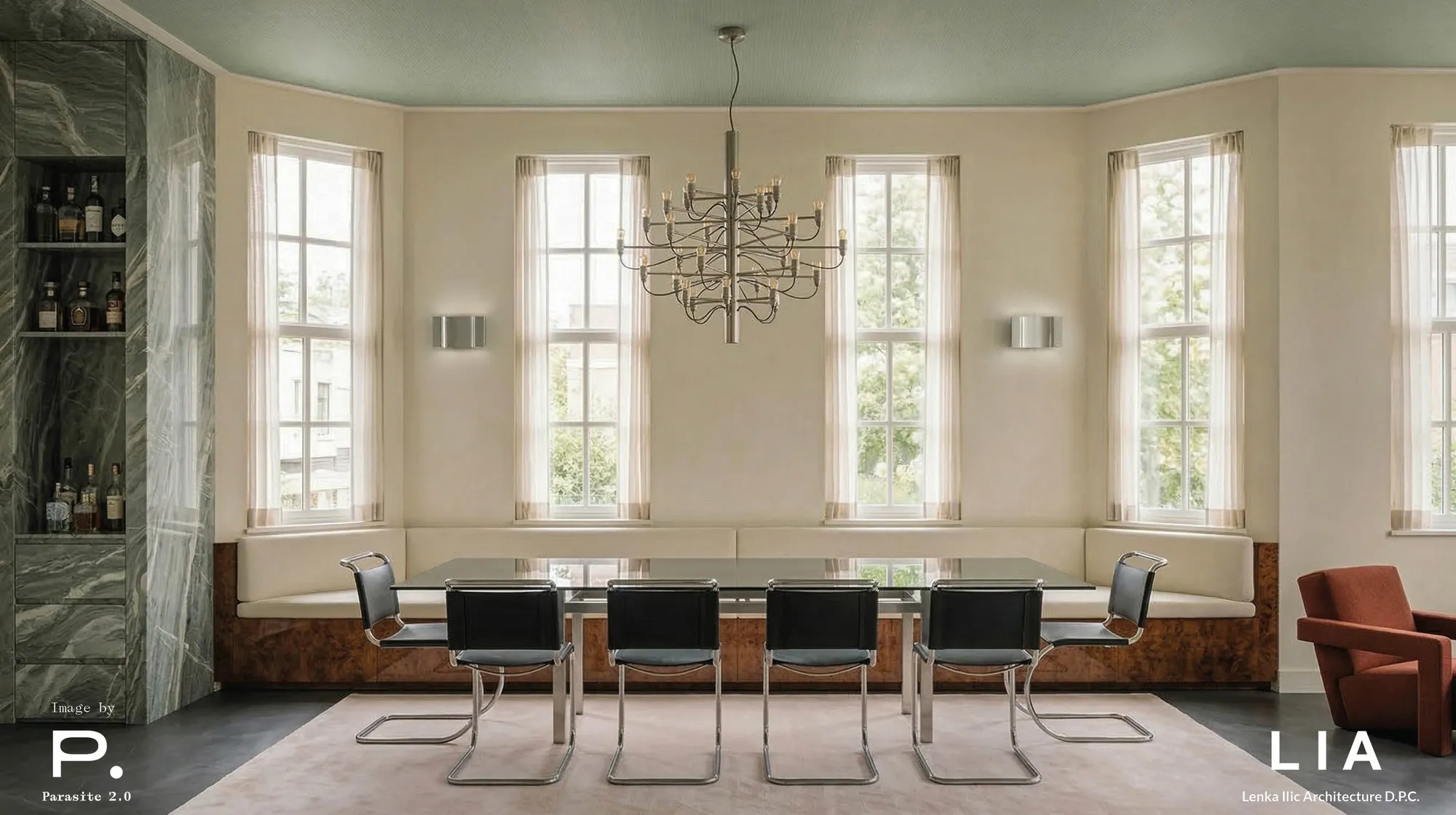 Dining room interior design for an Upper East Side townhouse renovation, a glass table with black chairs, a built-in banquette under tall windows and a stone-clad bar niche, by Parasite 2.0