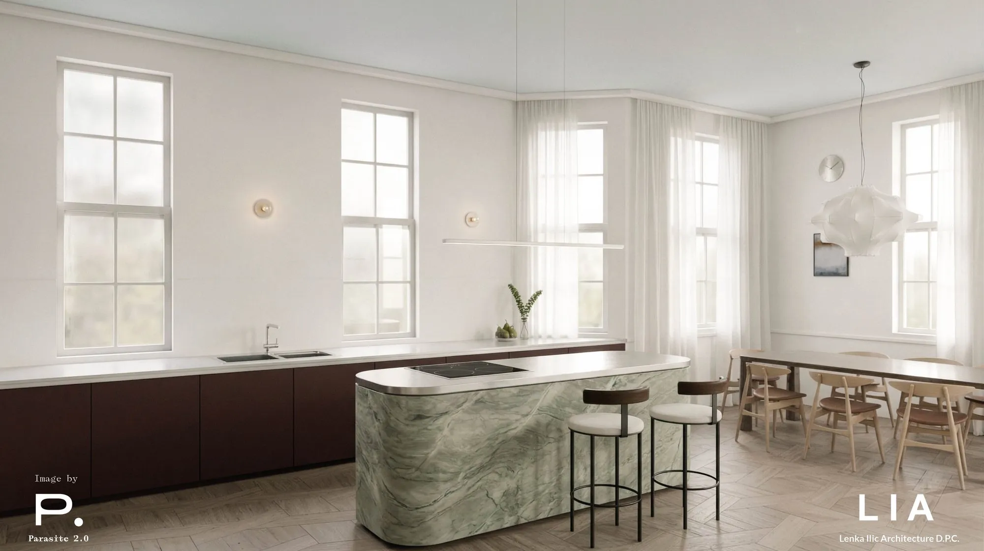 Kitchen remodel design for an Upper East Side townhouse brownstone renovation, a green marble island with bar stools, dark lower cabinets and a dining table by tall windows, by Parasite 2.0