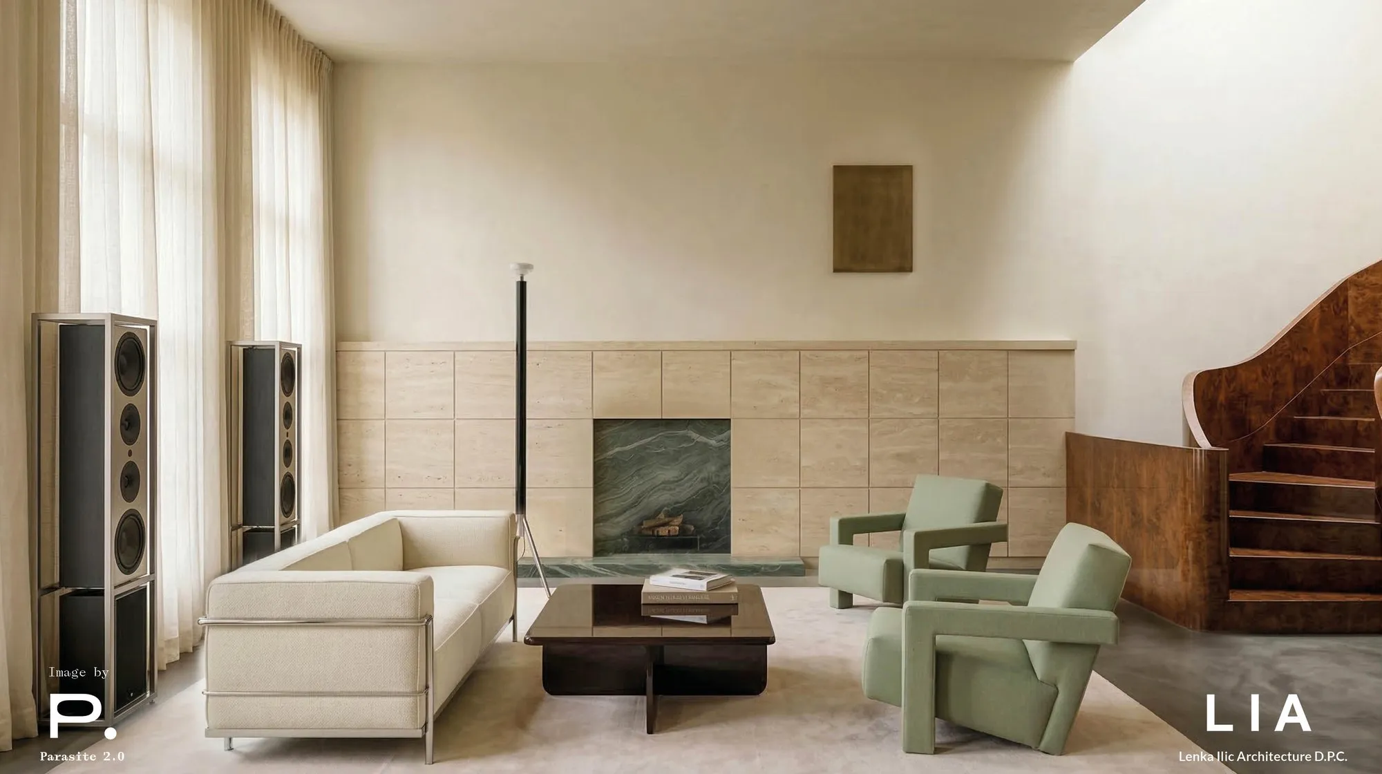Living room interior design for a 6-story Upper East Side townhouse renovation, a cream sofa, green armchairs, stone-clad fireplace wall and a curved wooden stair, by Parasite 2.0