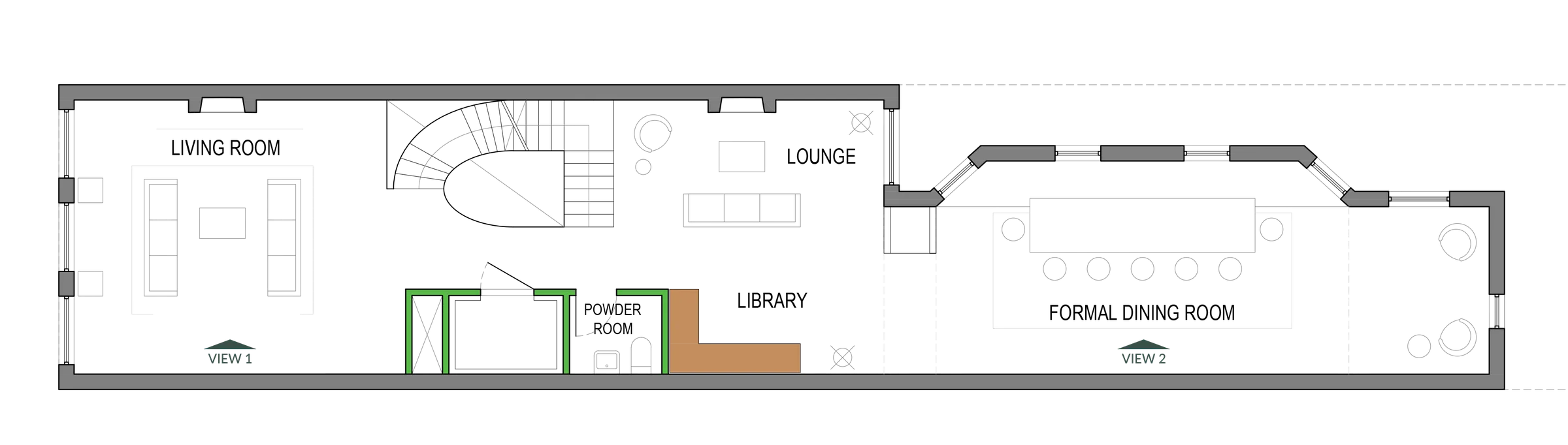 Proposed floor plan for the Upper East Side townhouse renovation with living room, curved stair, lounge, library, powder room and formal dining room