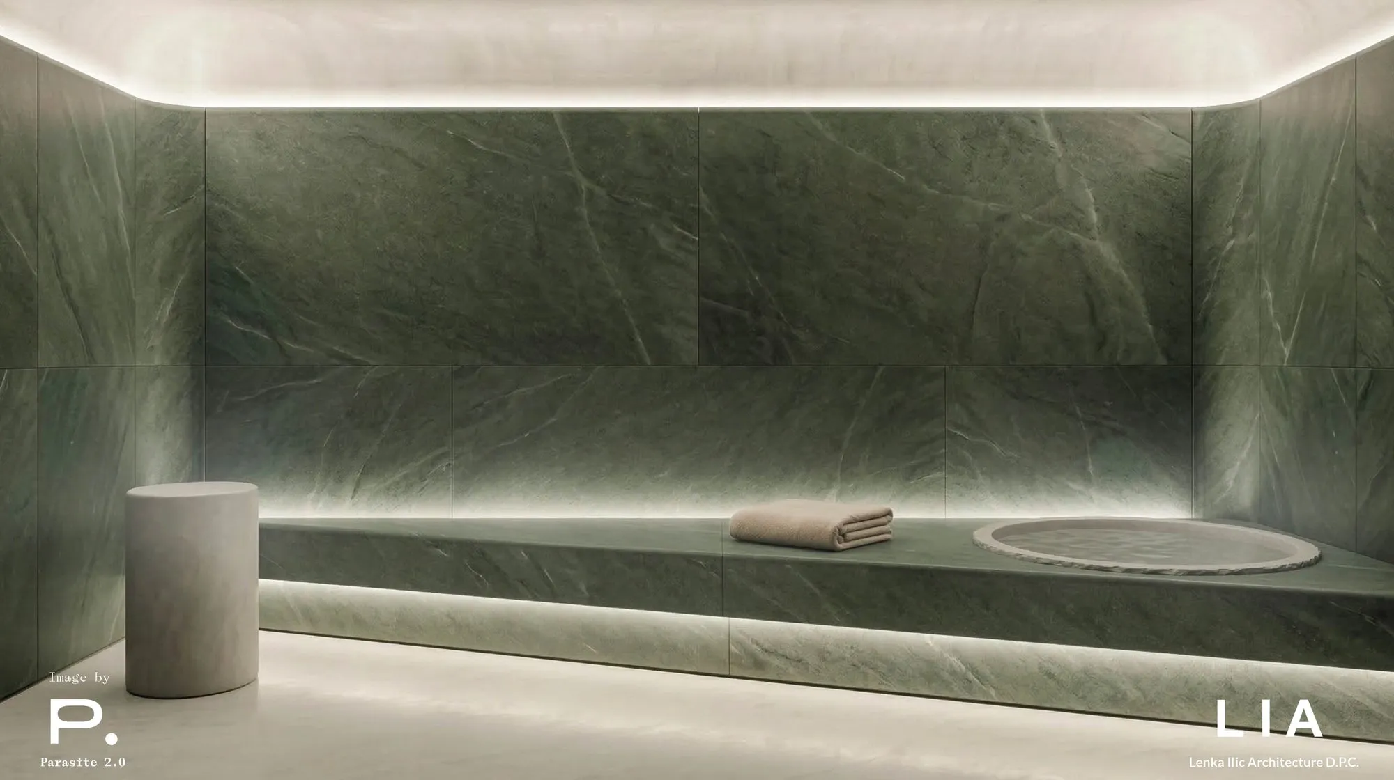 Sauna interior design for an Upper East Side townhouse renovation, green marble walls and bench with cove lighting, by Parasite 2.0