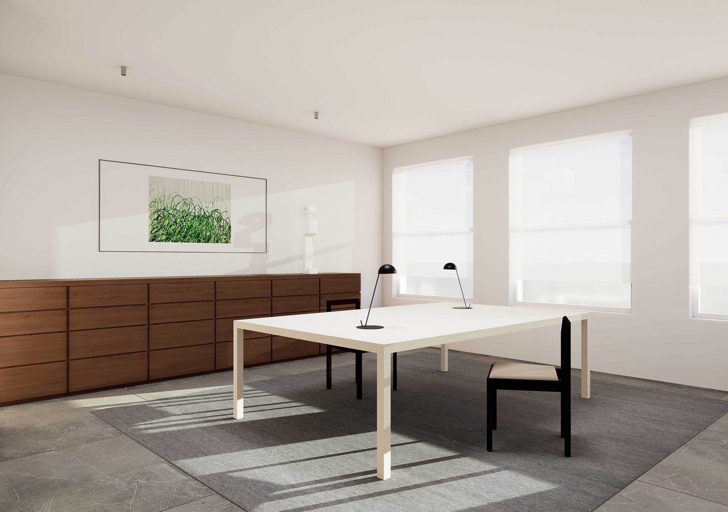 Design board for a NYC apartment renovation, a 3D rendering of a home office with a white desk, black chair and walnut credenza