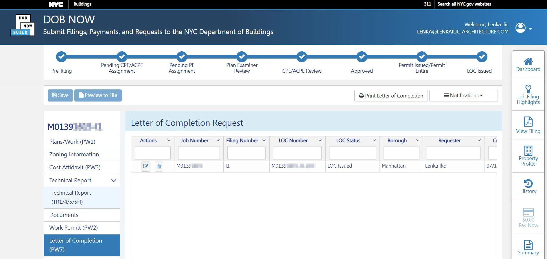DOB NOW Letter of Completion request with the LOC issued for a Manhattan apartment renovation, filed in-house by Lenka Ilic to close out the DOB record